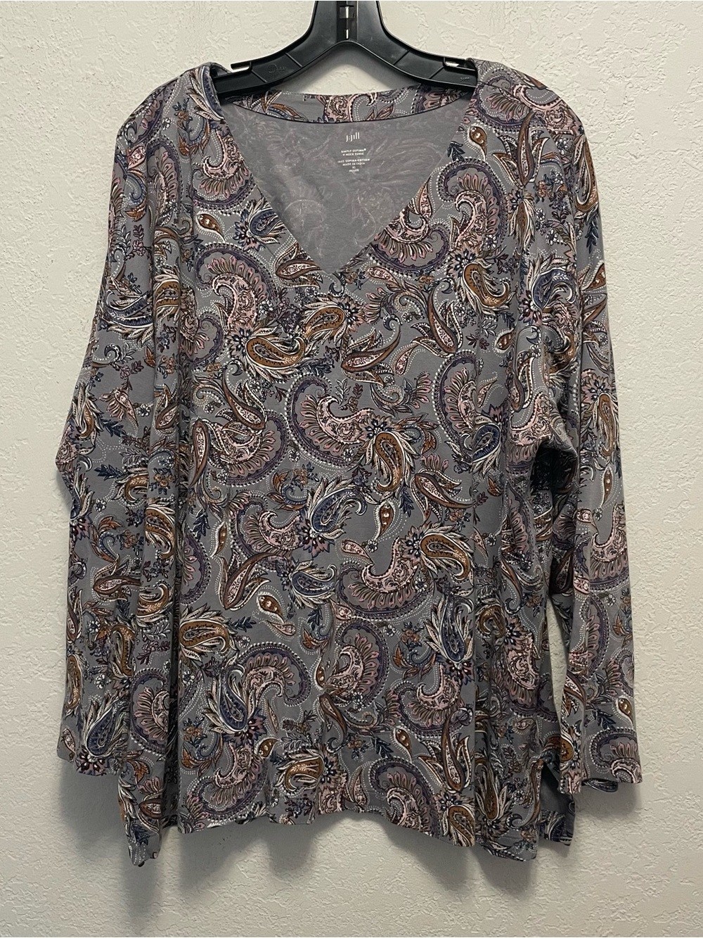 J. Jill Women Simply Supima V-Neck Tunic Top Long Sleeve Paisley Bluestone XLP